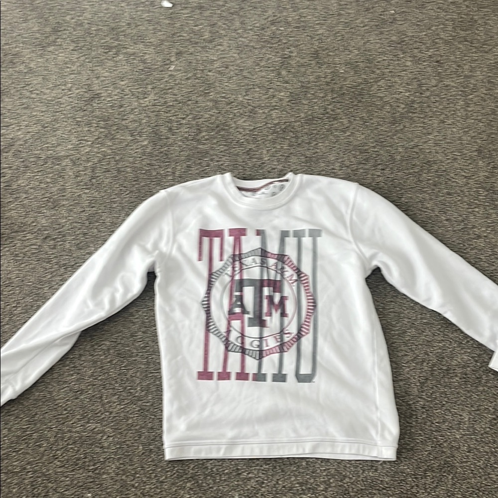 White and Red Graphic Crew Neck Sweater